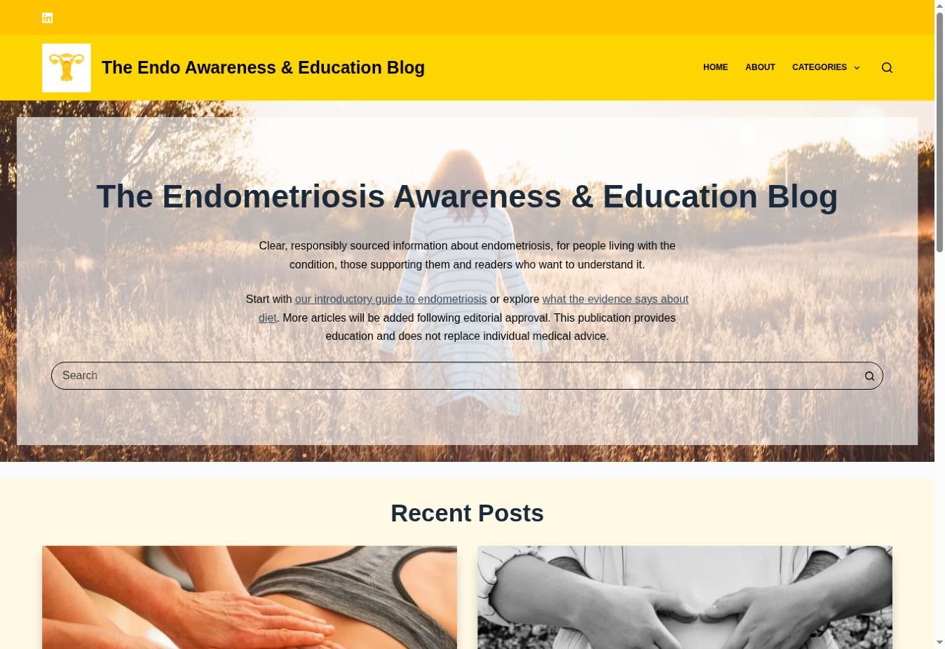 Screenshot of the live Endometriosis Awareness and Education Blog homepage